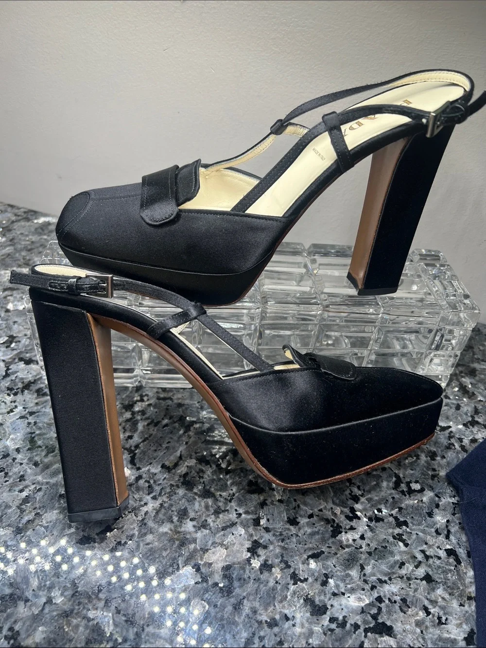 Prada Sz 38 Black Silk 4.5” Wrapped Block Heel Square Toe Heels Shoes